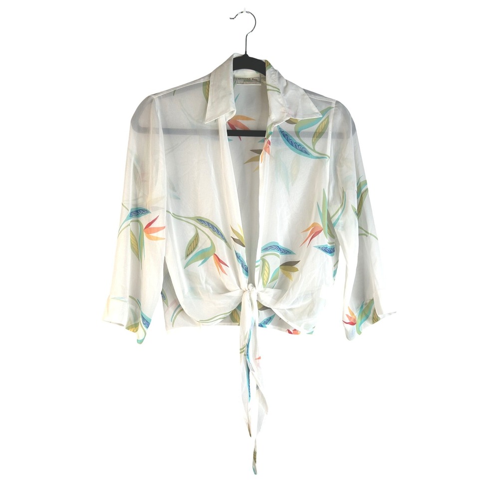 Banana Bay White Tropical Floral Tie Front Vacation Sheer Resort Top Size‎ Small